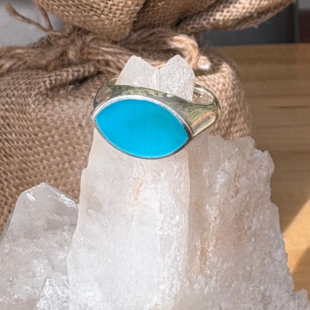 Solid Sterling Silver Ring With Cats Eye Turquoise Mother Of Pearl Size 8